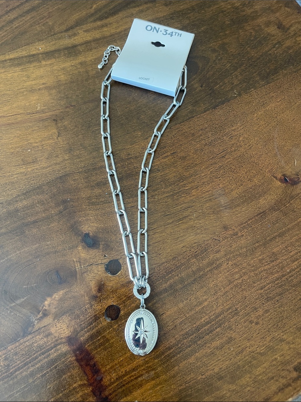 Silver Paperclip Chain Necklace with Starburst Locket